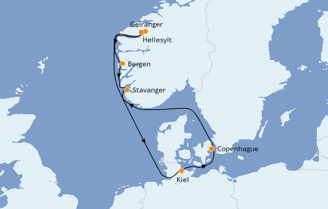 Itinerario del crucero Fiordos y Noruega 7 días a bordo del Costa Diadema