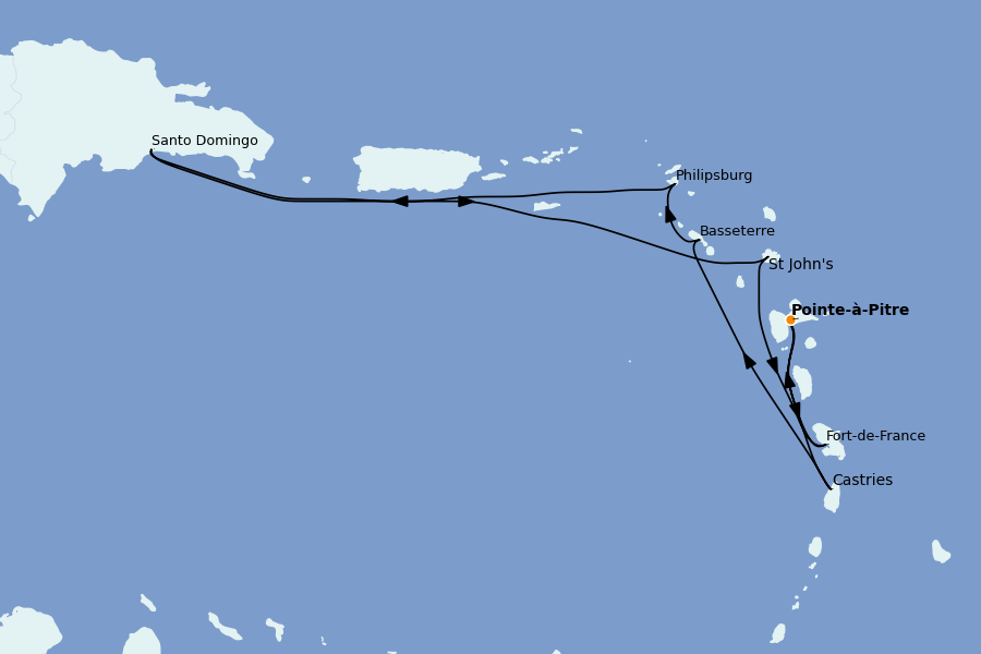 Itinéraire de la croisière Caraïbes de l'Est (Antilles) 8 jours à bord du Costa Favolosa