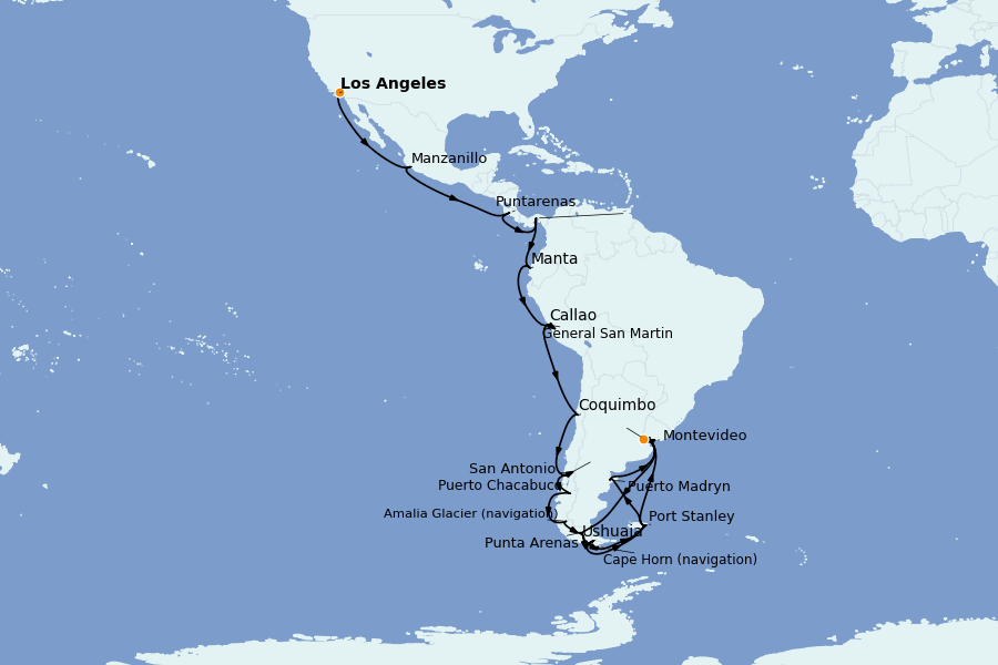 Itinéraire de la croisière Riviera Mexicaine et Amérique Centrale (Côte Pacifique) 53 jours à bord du Sapphire Princess