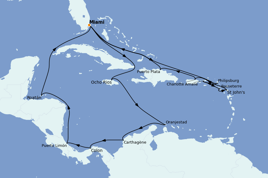 Itinéraire de la croisière Caraïbes de l'Est (Antilles) 21 jours à bord du MSC Divina