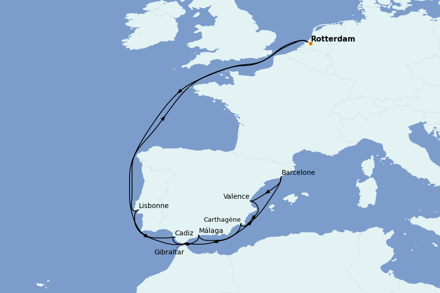 Itinerario del crucero Mediterráneo Occidental 15 días a bordo del Ms Nieuw Statendam