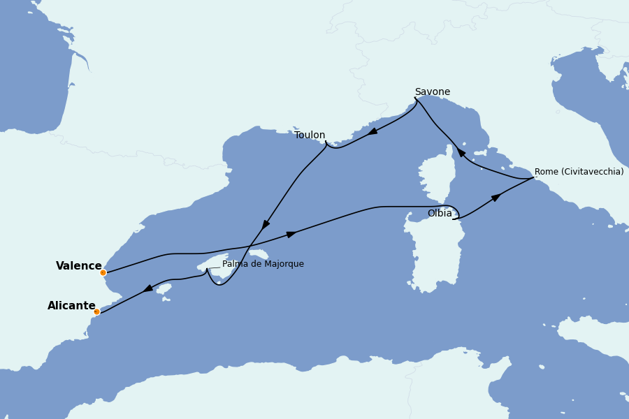 Itinerario del crucero Mediterráneo Occidental 7 días a bordo del Costa Pacifica