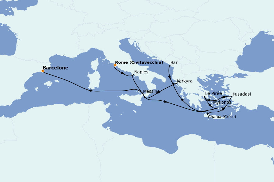 Itinéraire de la croisière Méditerranée Occidentale 14 jours à bord du Sun Princess