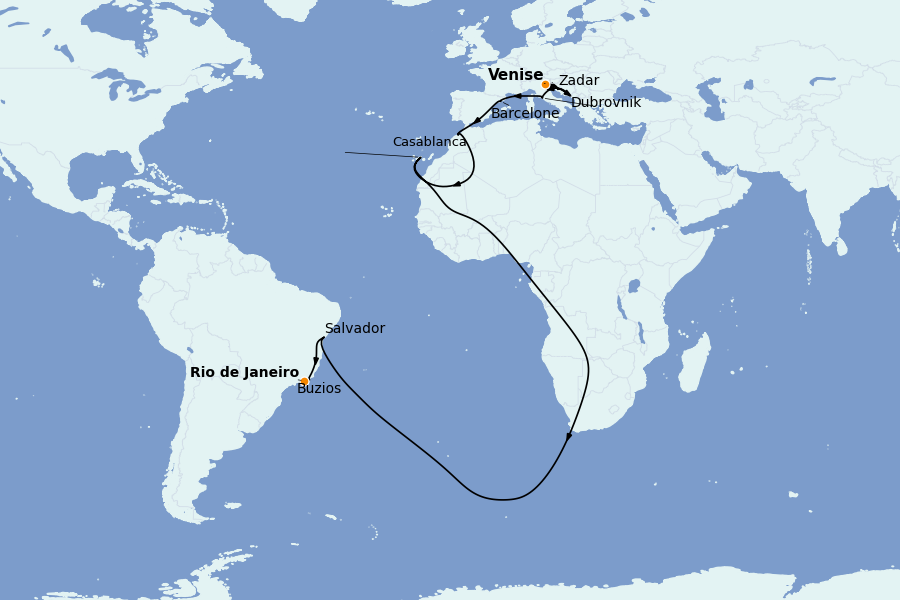 Itinerario del crucero TRASATLÁNTICOS 20 días a bordo del MSC Armonia