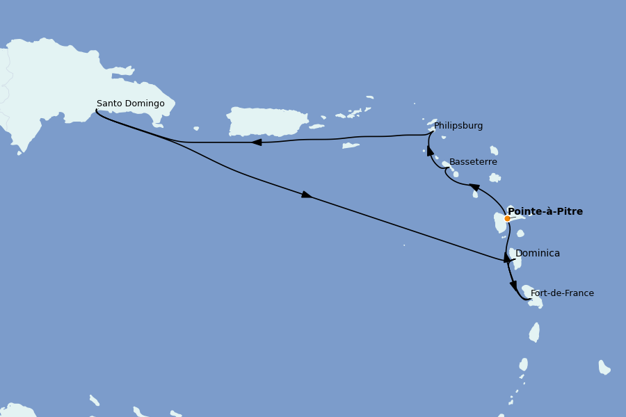 Itinéraire de la croisière Caraïbes de l'Est (Antilles) 7 jours à bord du Costa Favolosa