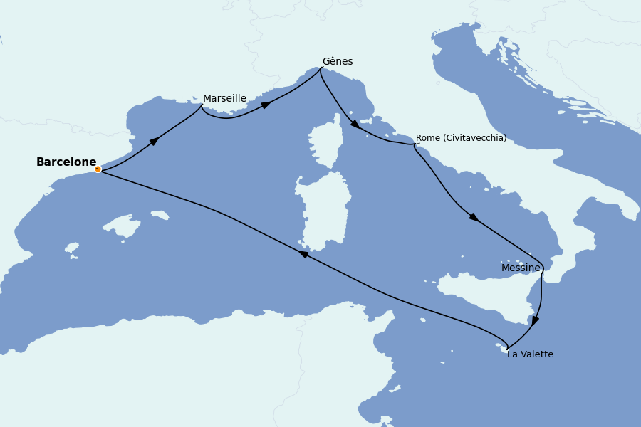 Itinerario del crucero Mediterráneo Occidental 7 días a bordo del MSC World Asia