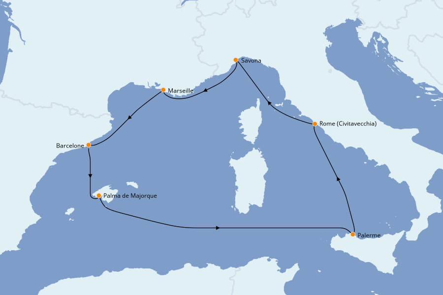 Itinerario del crucero Mediterráneo 7 días a bordo del Costa Smeralda