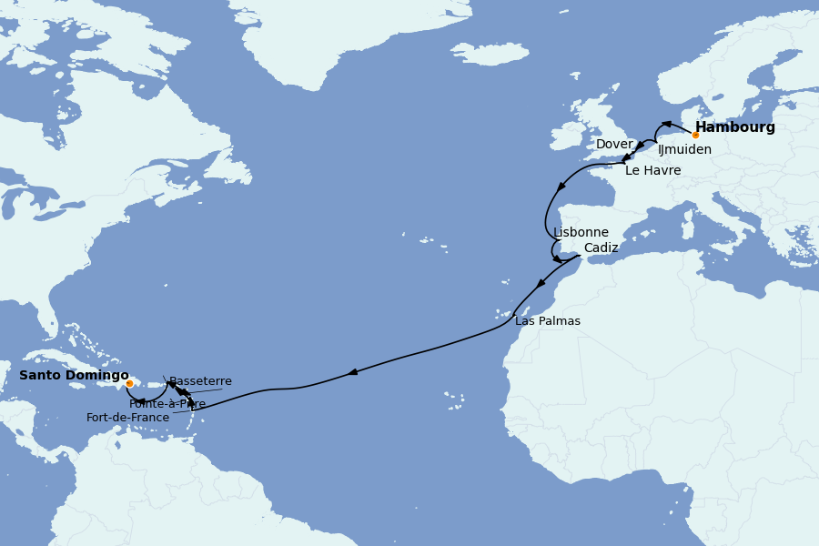 Itinerario del crucero TRASATLÁNTICOS 22 días a bordo del Costa Favolosa