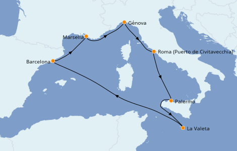 Itinerario del crucero Mediterráneo 7 días a bordo del MSC Grandiosa