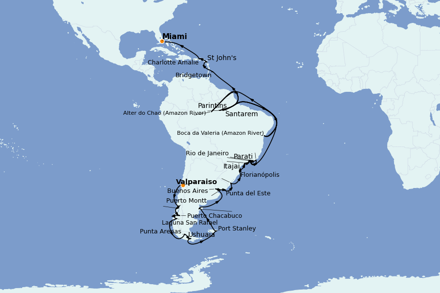 Itinerario del crucero Suramérica 54 días a bordo del Insignia
