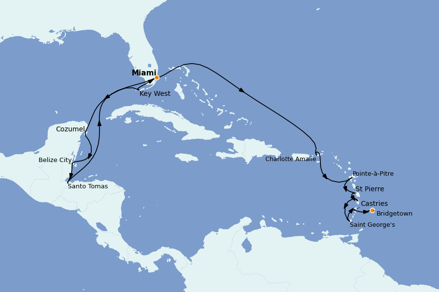Itinéraire de la croisière Caraïbes de l'Est (Antilles) 16 jours à bord du Explora II