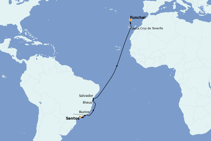 Itinéraire de la croisière TRANSATLANTIQUES ET GRANDS VOYAGES 13 jours à bord du MSC Preziosa
