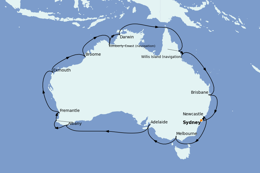 Itinerario del crucero AUSTRALIA Y NUEVA ZELANDA 28 días a bordo del Crown Princess