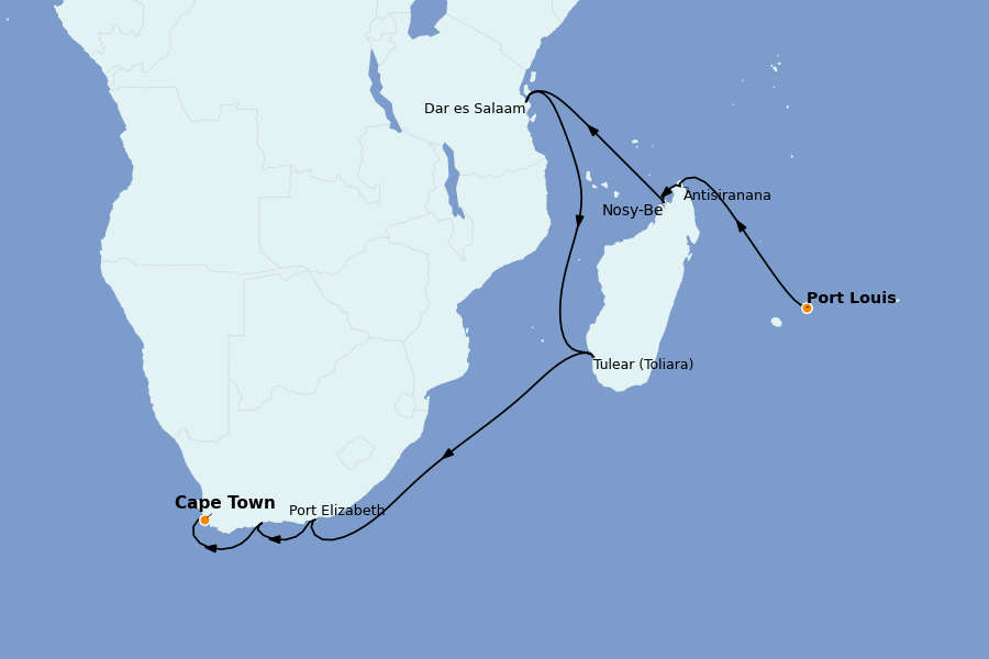Itinerario del crucero África 16 días a bordo del Seven Seas Voyager