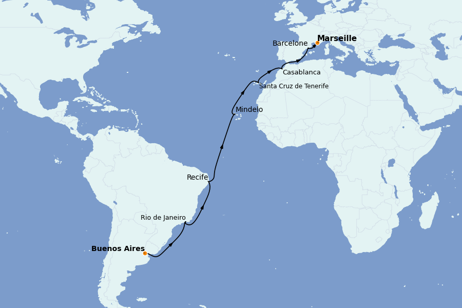 Itinéraire de la croisière TRANSATLANTIQUES ET GRANDS VOYAGES 19 jours à bord du Costa Favolosa