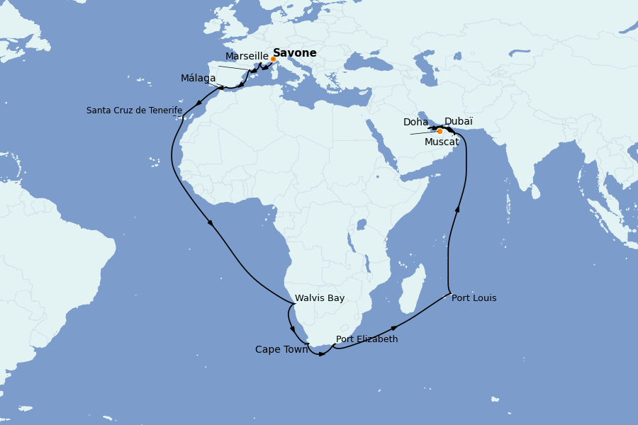 Itinerario del crucero Dubái - Emiratos Árabes 43 días a bordo del Costa Smeralda