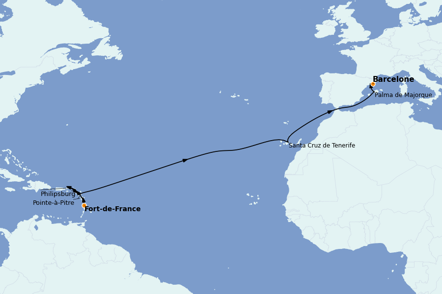Itinéraire de la croisière TRANSATLANTIQUES ET GRANDS VOYAGES 15 jours à bord du MSC Seaview