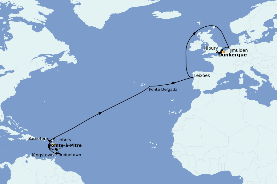 Itinerario del crucero Atlántico: Canarias, Madeira, Azores, Marruecos, Portugal 20 días a bordo del Renaissance