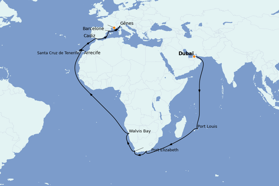 Itinéraire de la croisière Méditerranée Occidentale 35 jours à bord du Costa Toscana