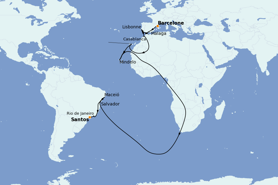 Itinerario del crucero TRASATLÁNTICOS 20 días a bordo del Costa Diadema