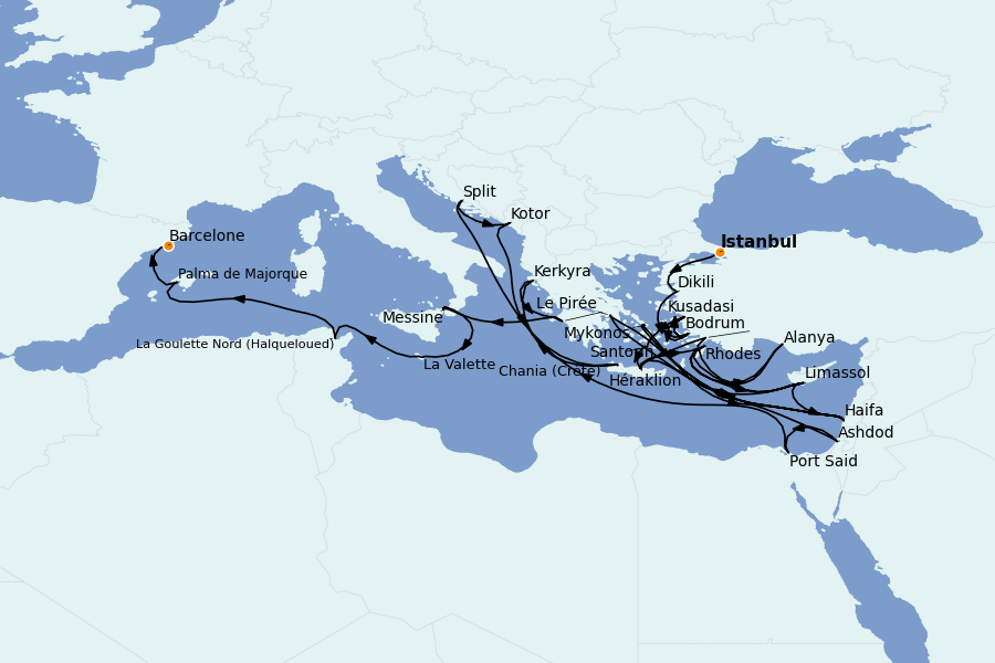 Itinerario del crucero Grecia y Adriático 22 días a bordo del Marina