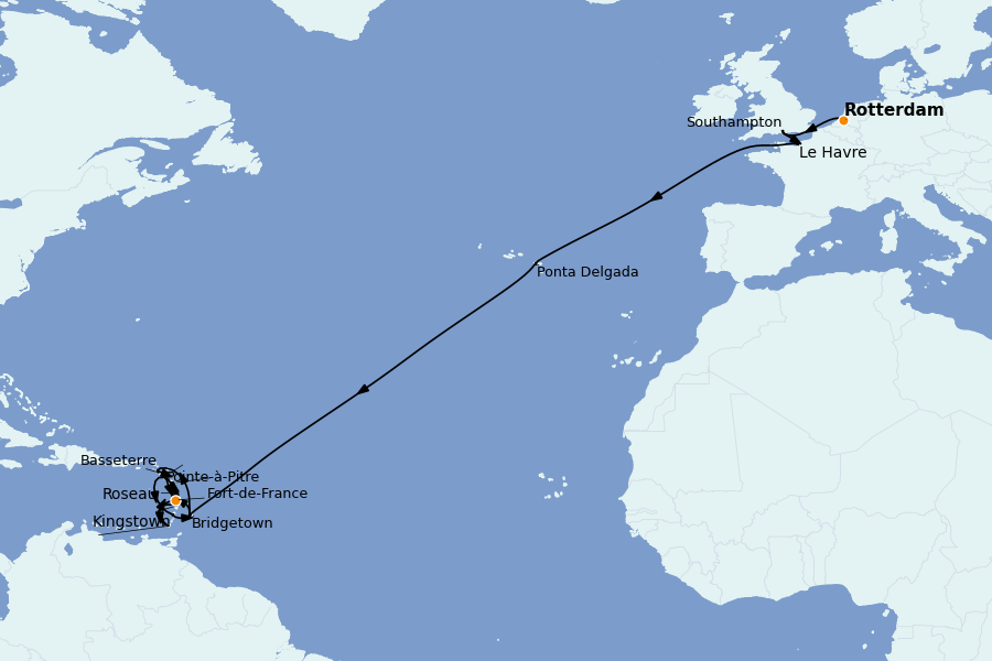 Itinerario del crucero TRASATLÁNTICOS 24 días a bordo del MSC Virtuosa