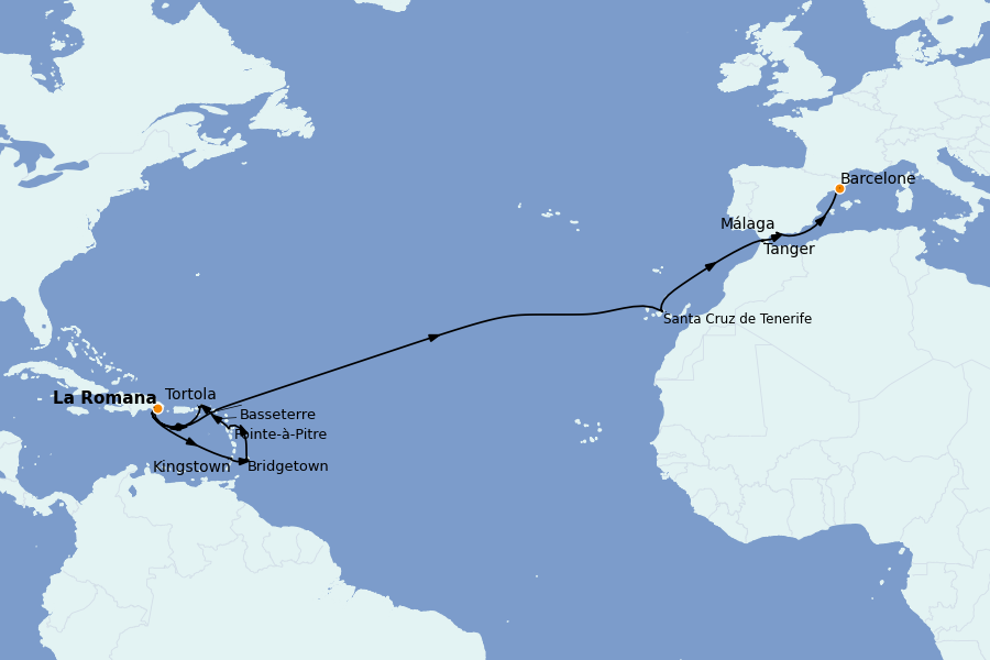 Itinéraire de la croisière TRANSATLANTIQUES ET GRANDS VOYAGES 21 jours à bord du Costa Fascinosa