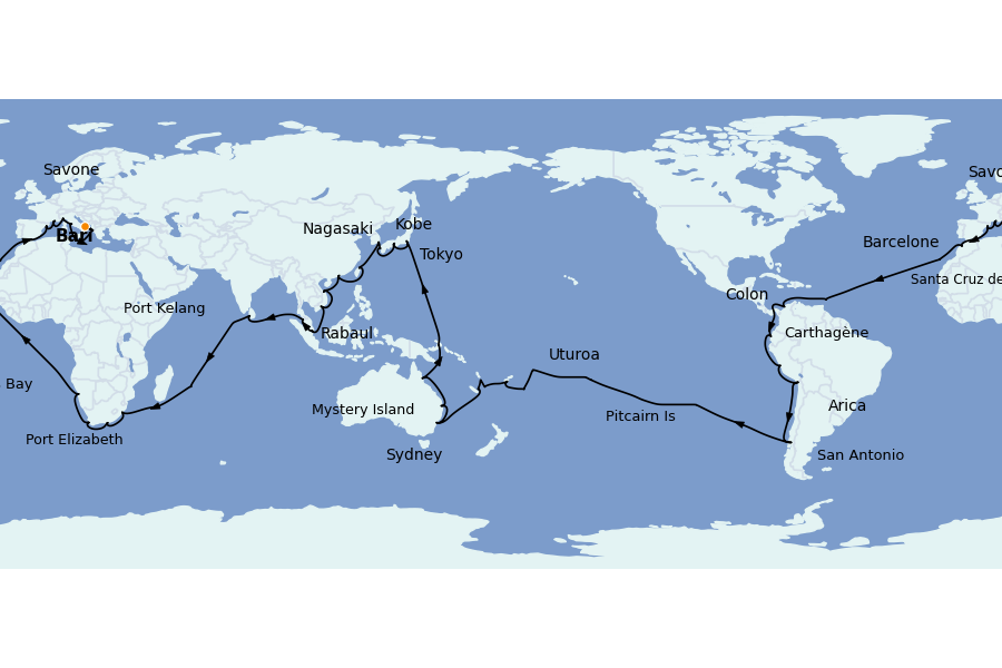 Itinéraire de la croisière TOUR DU MONDE 139 jours à bord du Costa Deliziosa