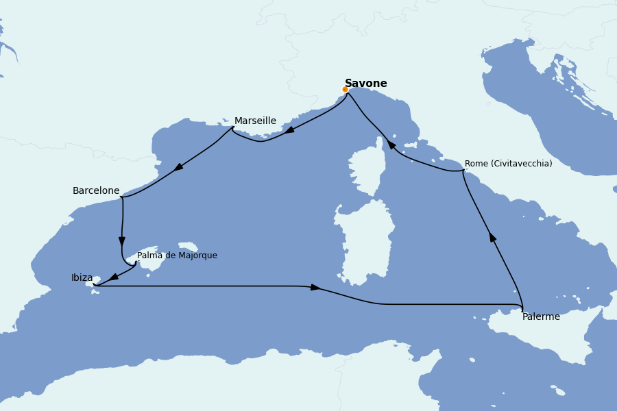 Itinerario del crucero Mediterráneo 8 días a bordo del Costa Smeralda