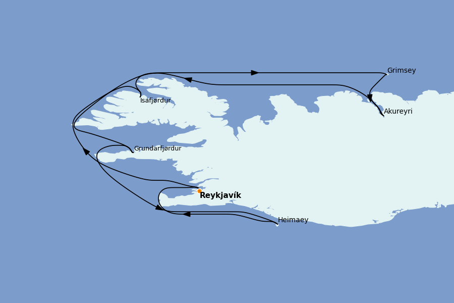 Itinéraire de la croisière Spitzberg, îles Féroé, Groenland, Islande 7 jours à bord du Le Bellot