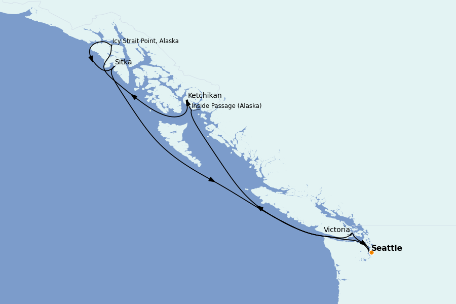 Itinéraire de la croisière Alaska, Canada et Glacières 9 jours à bord du Brilliant Lady