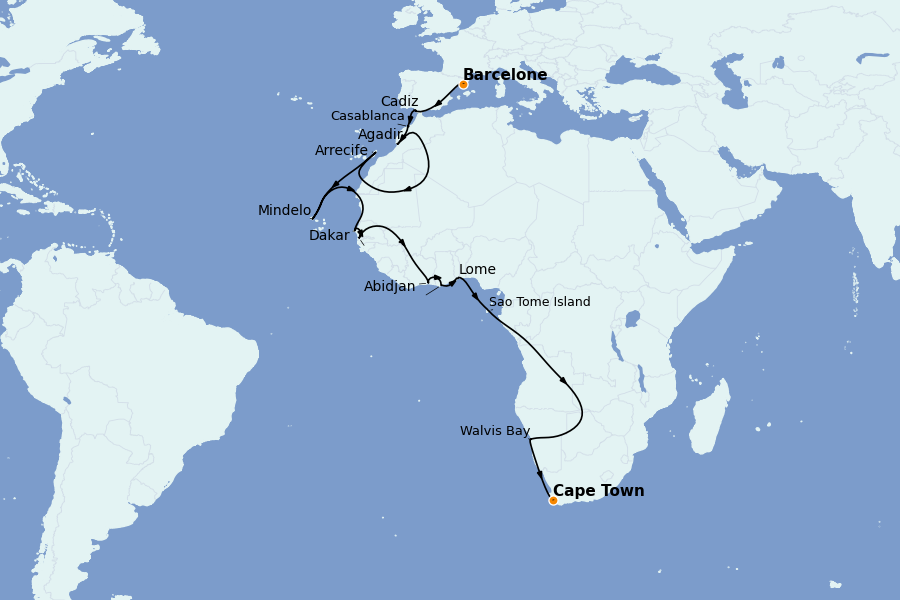 Itinéraire de la croisière Îles Canaries, Maroc, Açores, Portugal 25 jours à bord du Seven Seas Navigator