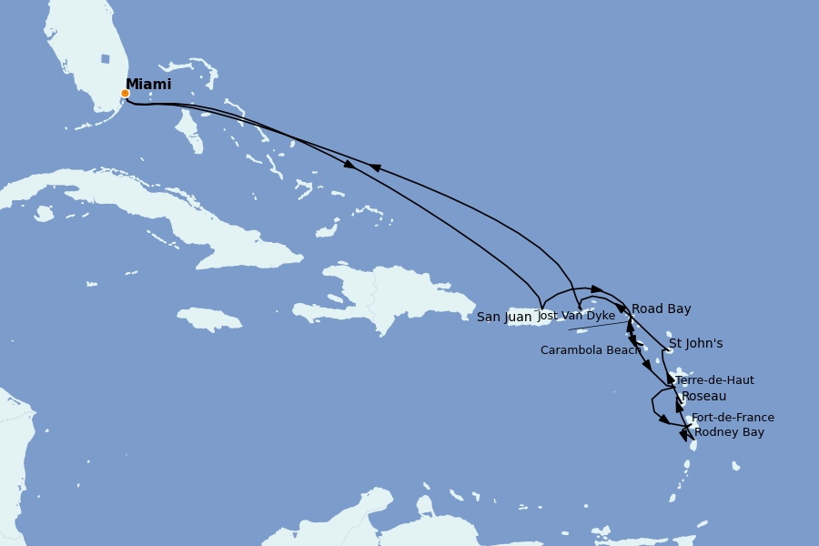Itinéraire de la croisière Caraïbes de l'Est 16 jours à bord du Seabourn Quest