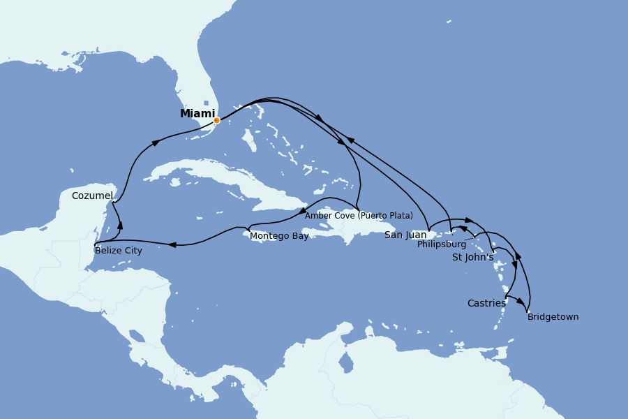 Itinéraire de la croisière Caraïbes de l'Est (Antilles) 21 jours à bord du Queen Elizabeth