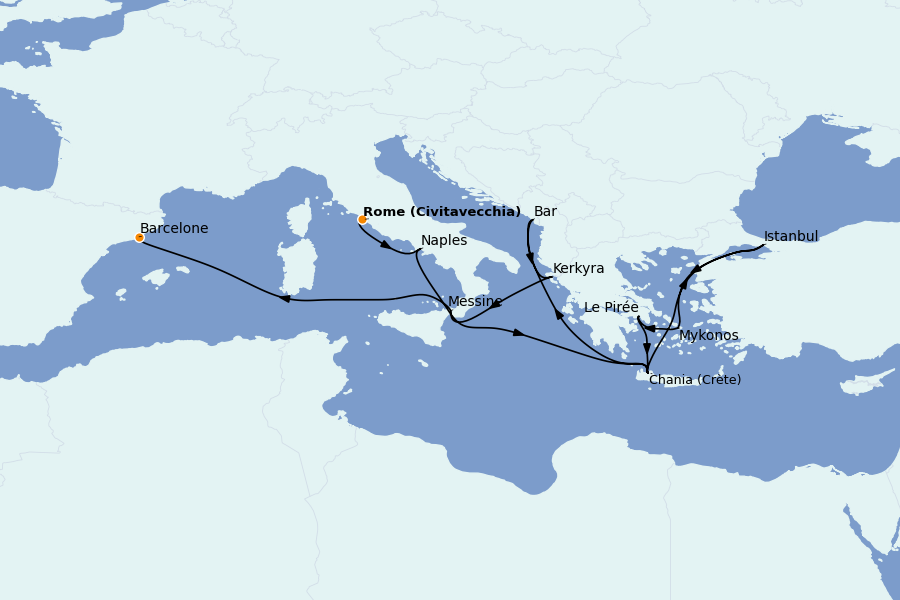 Itinéraire de la croisière Îles Grecques, Adriatique et Turquie - Méditerranée Orientale 14 jours à bord du Sun Princess