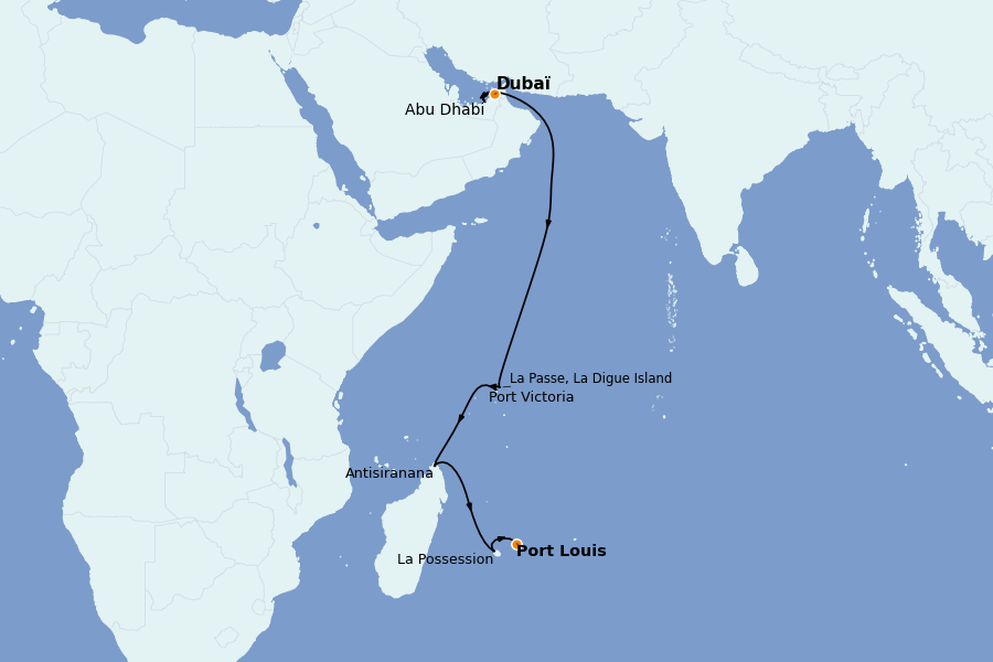 Itinéraire de la croisière Océan Indien 14 jours à bord du Norwegian Sky