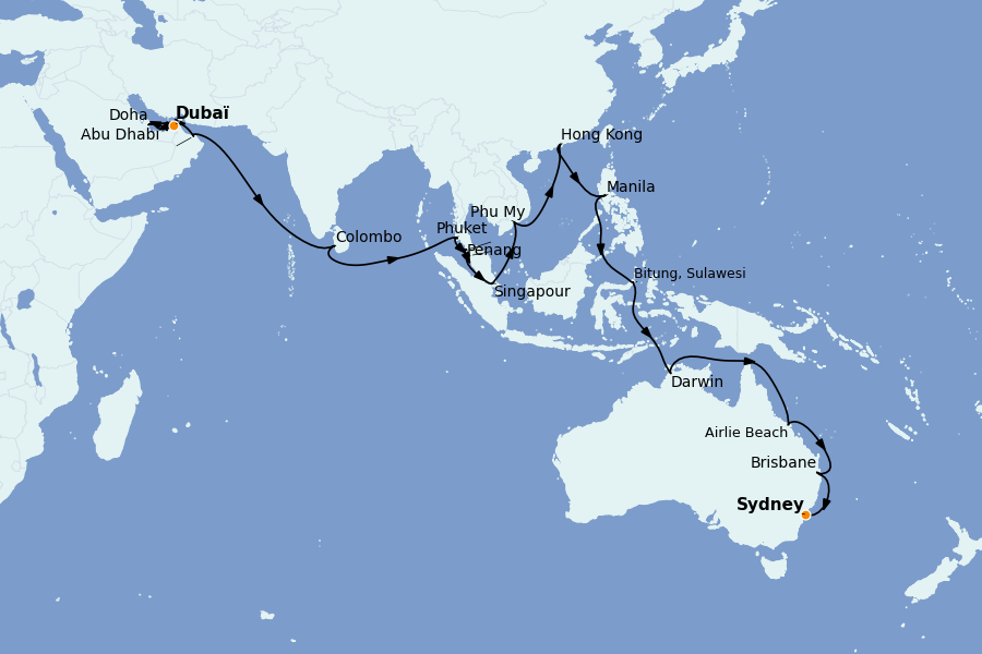 Itinéraire de la croisière Thaïlande, (Bali) Indonésie, Malaisie, Singapour, Vietnam, Birmanie, Philippines 42 jours à bord du Queen Anne