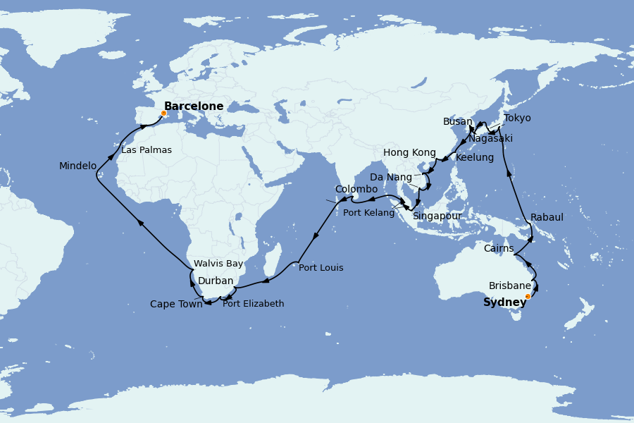 Itinéraire de la croisière Tour du Monde 2026 72 jours à bord du Costa Deliziosa