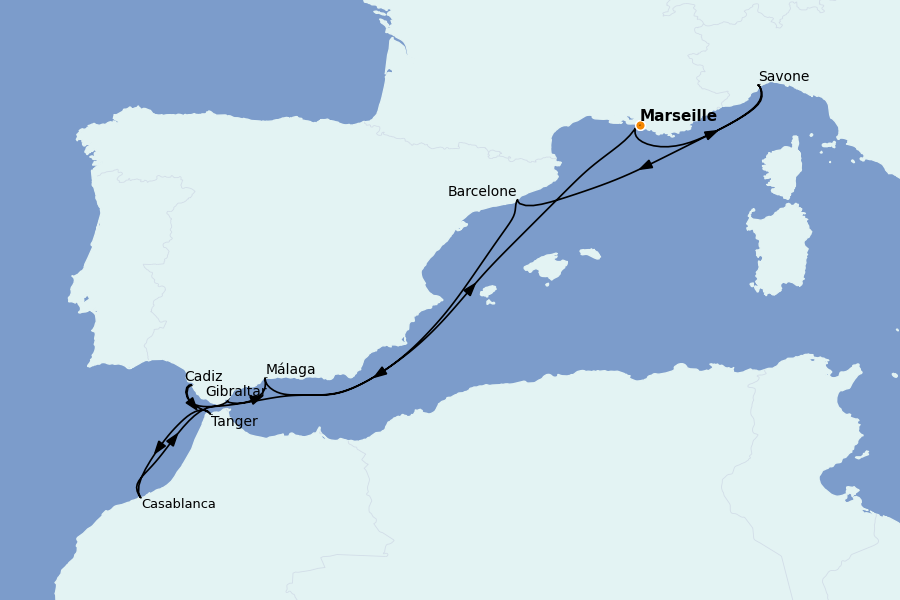 Itinéraire de la croisière Méditerranée Occidentale 10 jours à bord du Costa Diadema