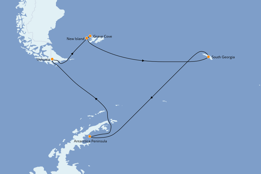Itinéraire de la croisière Patagonie, Ushuaia, Terre de Feu, Antarctique 17 jours à bord du Le Boréal