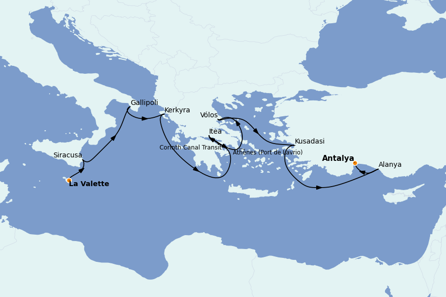 Itinéraire de la croisière Méditerranée Occidentale 10 jours à bord du Le Dumont d'Urville