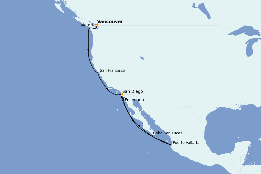 Itinéraire de la croisière Riviera Mexicaine et Amérique Centrale (Côte Pacifique) 13 jours à bord du Ms Nieuw Amsterdam
