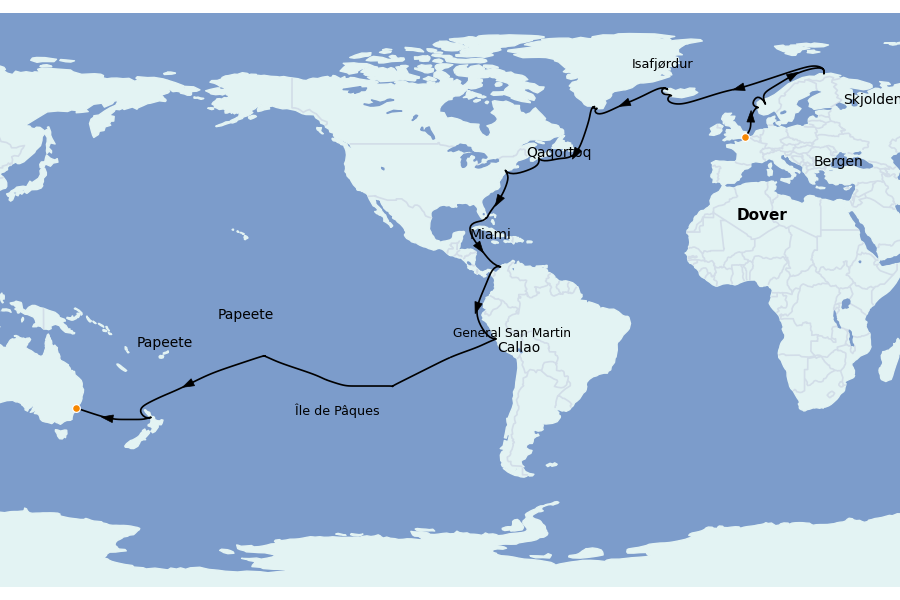 Itinéraire de la croisière TOUR DU MONDE 57 jours à bord du Crown Princess