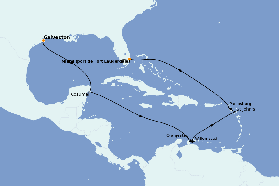 Itinéraire de la croisière Caraïbes de l'Est (Antilles) 12 jours à bord du Regal Princess