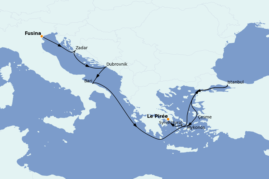 Itinéraire de la croisière Îles Grecques, Adriatique et Turquie - Méditerranée Orientale 11 jours à bord du Explora I