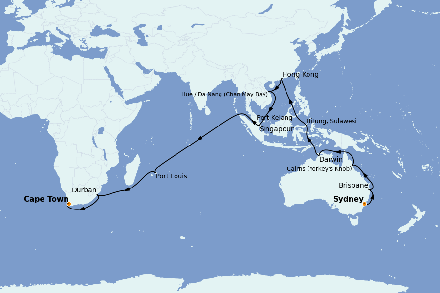 Itinéraire de la croisière OCÉAN INDIEN - AFRIQUE 40 jours à bord du Queen Mary 2