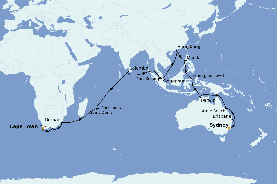 Itinéraire de la croisière OCÉAN INDIEN - AFRIQUE 45 jours à bord du Queen Anne