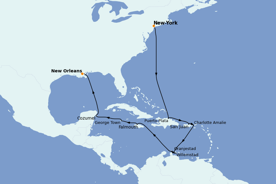 Itinéraire de la croisière Caraïbes de l'Est (Antilles) 14 jours à bord du Norwegian Escape
