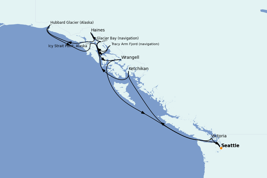 Itinéraire de la croisière Alaska, Canada et Glacières 12 jours à bord du Queen Elizabeth