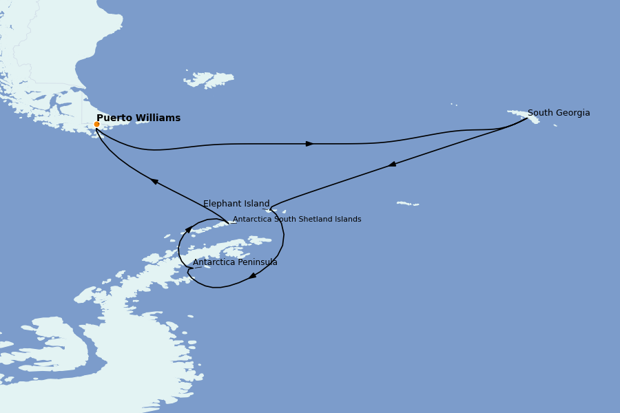 Itinéraire de la croisière SUD : Antarctique, Ushuaia , Patagonie, Terre de Feu, Cap horn 15 jours à bord du Silver Cloud Expedition